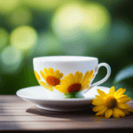 An image showcasing a delicate porcelain teacup filled with steaming chamomile tea, adorned with vibrant yellow chamomile flowers