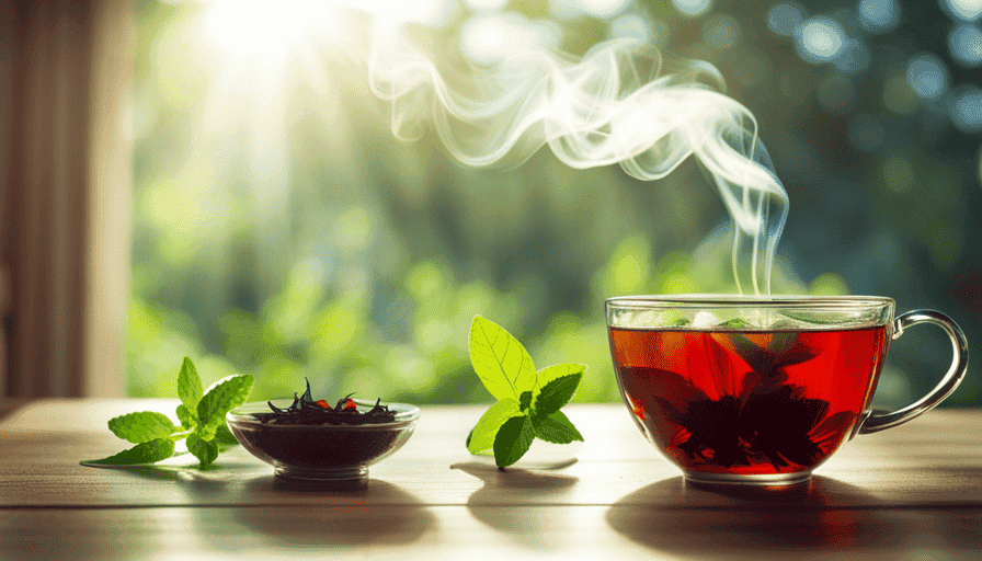 An image capturing a serene scene of a steaming cup of herbal tea, surrounded by vibrant and aromatic herbs