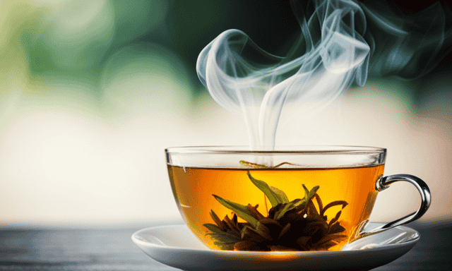 An image showcasing a delicate porcelain teacup filled with steaming golden-hued oolong tea, surrounded by vibrant green tea leaves unfurling in a glass teapot, capturing the essence of the best oolong tea