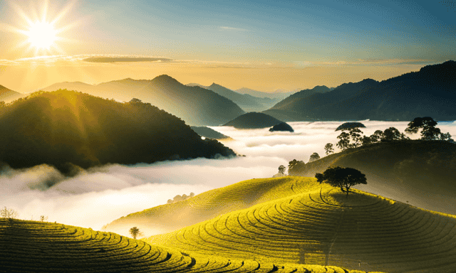 A captivating image showcasing a lush, serene tea plantation nestled amidst mist-covered mountains