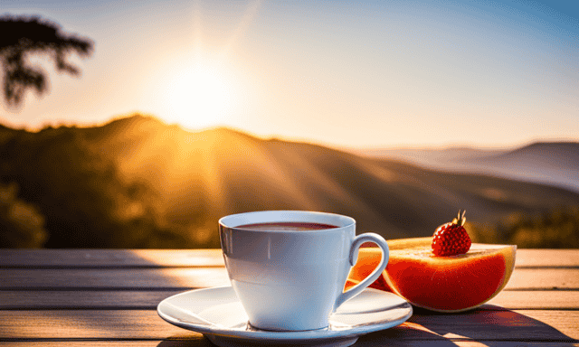An image showcasing a serene, sun-kissed African landscape with a vibrant, steaming cup of ruby-red Rooibos tea
