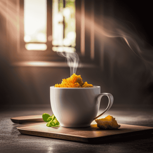 An image showcasing a steaming cup of herbal ginger tea, with a vibrant golden hue