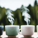 An image showcasing three teacups filled with steaming white, green, and oolong tea