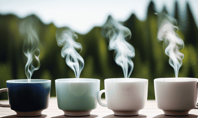 An image showcasing three teacups filled with steaming white, green, and oolong tea