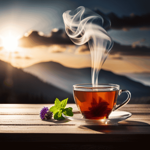 An image portraying a serene scene of a steaming cup of herbal tea, perfectly balanced on a wooden table
