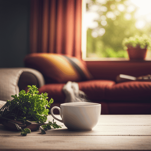 An image capturing the serene ambiance of a cozy living room, where soft morning light gently illuminates a steaming cup of herbal tea, nestled beside a vintage teapot and fresh herbs, evoking a tranquil atmosphere for the perfect tea-drinking moment