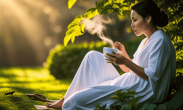 An image of a serene morning scene with a sun-kissed garden, where a person peacefully sips a warm cup of oolong tea