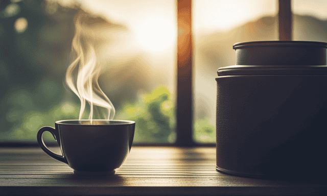 an image of a serene morning scene with soft sunlight gently streaming through a window, casting a warm glow on a cup of steaming oolong tea