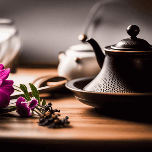 An image showcasing a beautifully adorned wooden tea tray, adorned with an elegant porcelain teapot, a delicate mesh tea strainer, and an assortment of vibrant, fragrant herbs and flowers, inviting readers to explore the art of herbal tea making