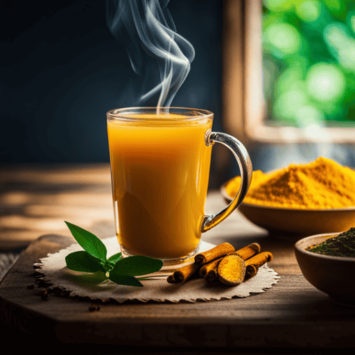 An image showcasing a steaming cup of golden turmeric and ginger tea, adorned with fresh slices of lemon and a sprinkle of cinnamon, all set against a backdrop of vibrant green tea leaves