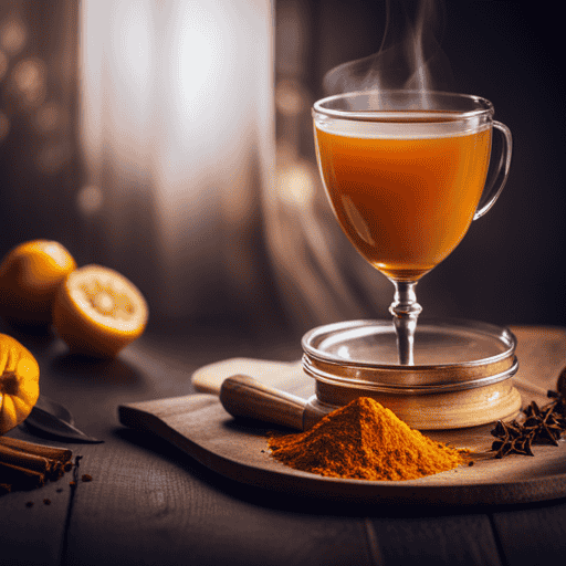 An image showcasing a vibrant cup of steaming turmeric tea, surrounded by an assortment of fresh ingredients like ginger, lemon, and honey