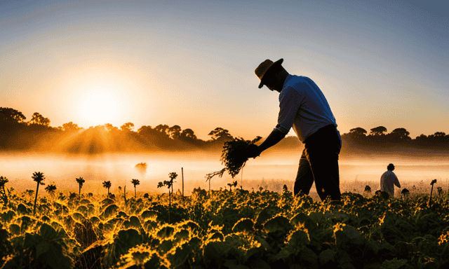 An image showcasing a mist-covered field during sunrise, with a silhouette of a farmer harvesting chicory root