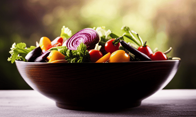 An image showcasing a vibrant, colorful salad bowl filled with a variety of fresh vegetables, topped with a sprinkling of roasted chicory root