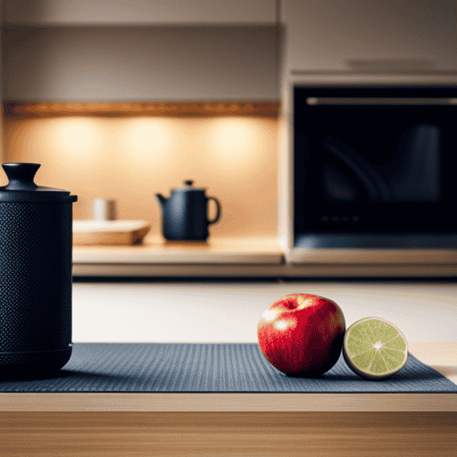 An image of a serene, minimalist kitchen counter with a steaming cup of Yogi Detox Tea placed next to a well-worn yoga mat, surrounded by vibrant fruits and a measuring tape symbolizing weight loss progress