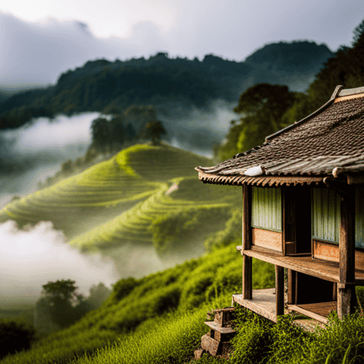 An image showcasing a serene, rustic teahouse nestled amidst lush green tea plantations, surrounded by mist-covered hills