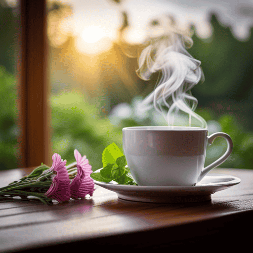 An image showcasing a steaming cup of herbal tea, surrounded by vibrant, freshly-picked herbs and flowers