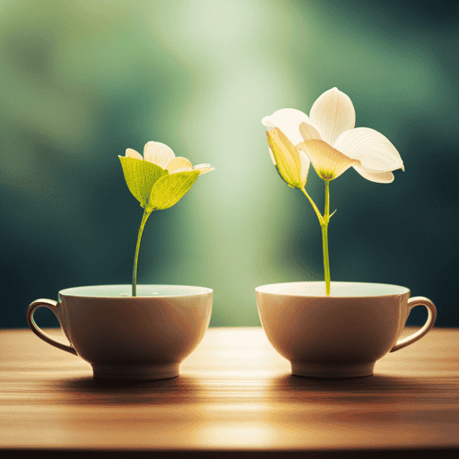 An image showcasing two delicate teacups, one filled with vibrant linden leaf infusion, emanating a calming green hue, while the other holds a fragrant linden flower tea, displaying soft petals gently floating in golden liquid