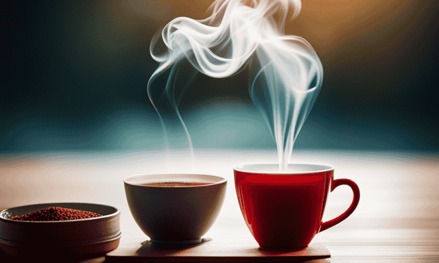 An image showcasing a steaming cup of black tea with its bold amber hue contrasting against a vibrant red cup of rooibos tea, highlighting the striking difference in color and depth of both teas