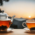 An image showcasing two elegant tea sets side by side, one filled with delicate Darjeeling tea leaves, radiating a golden hue, and the other adorned with vibrant Oolong tea leaves, exuding a rich amber color