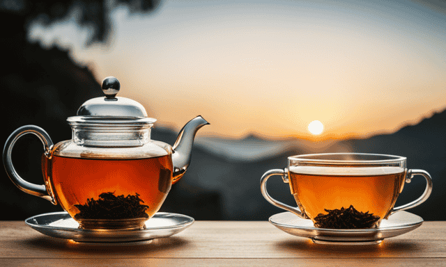An image showcasing two elegant tea sets side by side, one filled with delicate Darjeeling tea leaves, radiating a golden hue, and the other adorned with vibrant Oolong tea leaves, exuding a rich amber color