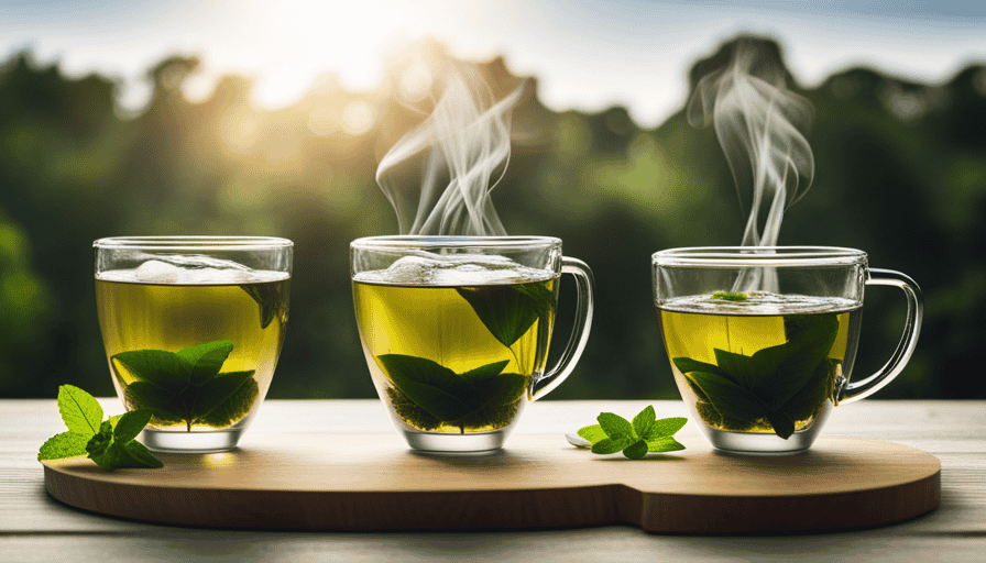 An image that portrays two cups side by side: one filled with vibrant, emerald green liquid and the other with a warm, earthy infusion