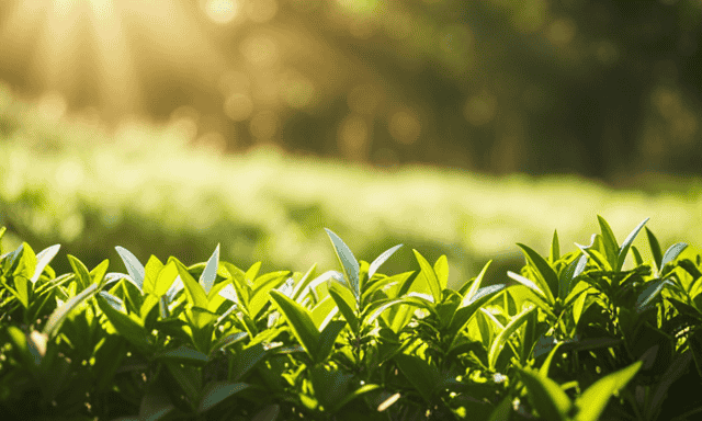 An image showcasing a serene, sun-drenched tea garden with lush, vibrant green tea leaves on one side, and a warm, earthy-toned rooibos tea bush on the other, highlighting the contrasting colors and textures