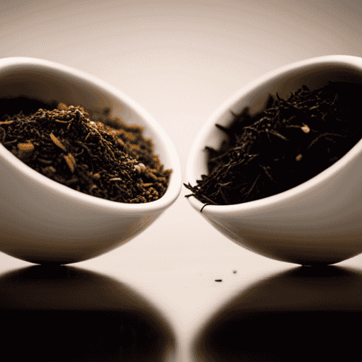 An image showcasing two teacups side by side - one filled with an assortment of vibrant, aromatic herbs, while the other contains dark, rich black tea leaves