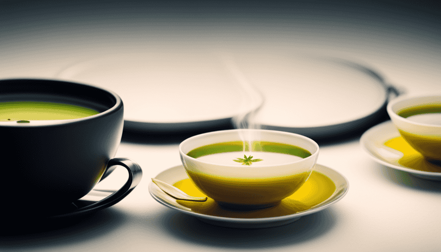 An image showcasing two teacups - one filled with a vibrant, freshly brewed green tea, while the other holds a fragrant herbal infusion