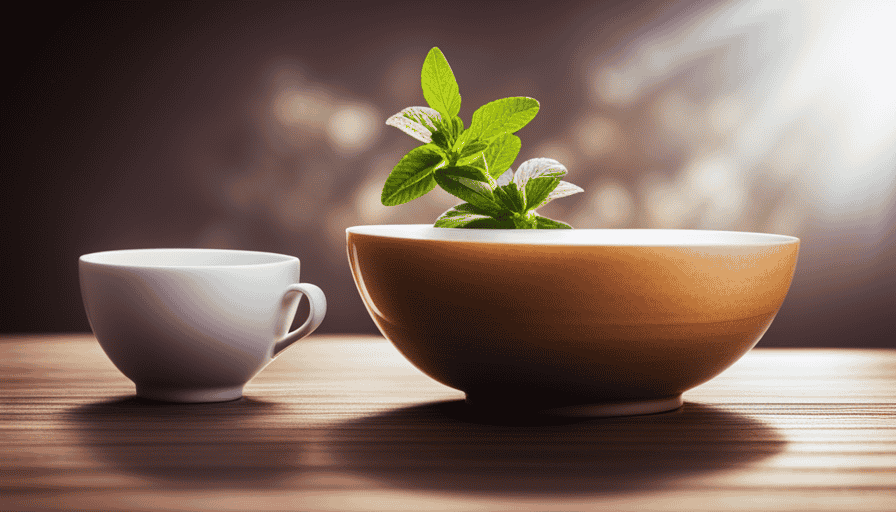 An image showcasing two distinct teacups - one filled with vibrant, freshly plucked herbs, exuding an earthy aroma, and the other brimming with delicate tea leaves, emanating a rich, amber hue