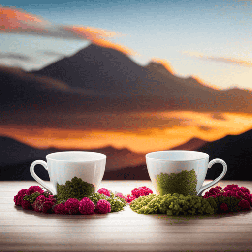 An image showcasing two contrasting tea cups, one filled with a vibrant assortment of fresh herbs and flowers, while the other contains neatly arranged tea leaves