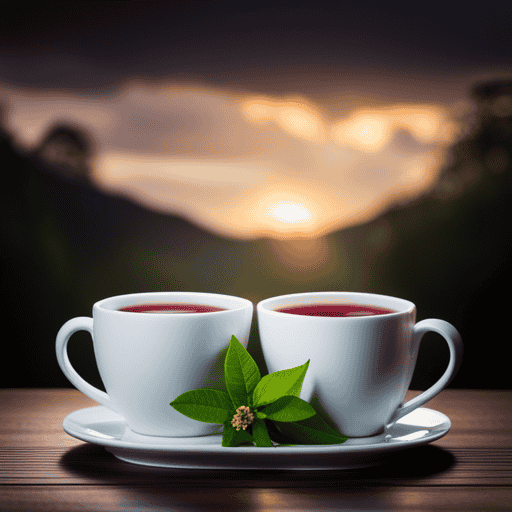 An image showcasing two cups side by side, one filled with vibrant green tea leaves and flowers, and the other with dark, steeped black tea leaves
