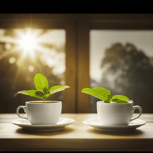An image showcasing a side-by-side comparison of two cups of tea: one brewed from vibrant, hand-picked organic peppermint herbal leaves, and the other brewed from regular tea leaves