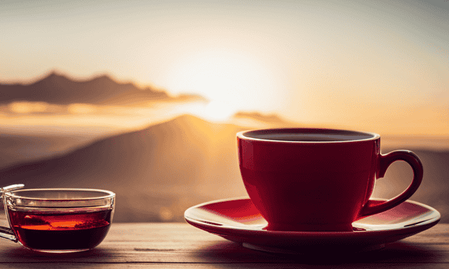 An image showcasing two contrasting teacups, one filled with vibrant red rooibos tea, exuding warm earthy tones, and the other with classic tea, radiating a golden hue, highlighting their distinct flavors and origins