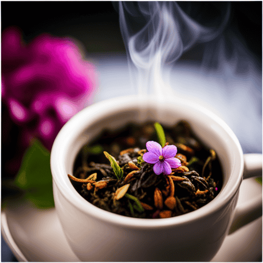 An image depicting a serene teacup filled with steaming, richly colored tea leaves, contrasting with a vibrant bouquet of fresh herbs and blossoms, symbolizing the distinct characteristics and origins of traditional tea and herbal tea