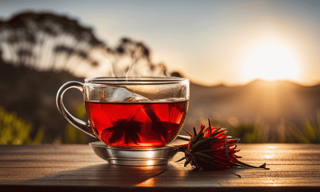 An image showcasing a vibrant cup of deep red Rooibos tea, emitting a warm steam