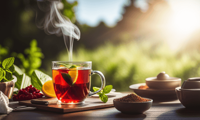 An image of a serene herbal tea ceremony, with a steaming cup of vibrant red Rooibos tea surrounded by fresh ingredients like lemon slices, mint leaves, and berries, evoking feelings of relaxation and wellness