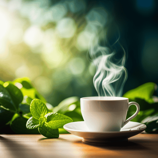An image of a serene, sunlit garden with a cup of steaming green tea, surrounded by vibrant, lung-nourishing plants like eucalyptus, mint, and chamomile