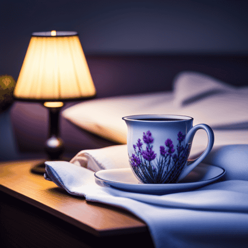 An image featuring a serene bedroom scene with a cup of warm chamomile tea on a nightstand, surrounded by soothing lavender flowers, encouraging a peaceful atmosphere for a good night's sleep and natural belly fat reduction