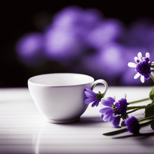 An image showcasing a serene, minimalist scene with a delicate porcelain teacup filled with steaming chamomile tea, surrounded by vibrant lavender blossoms and fresh mint leaves, exuding tranquility and relaxation