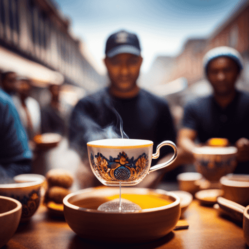 An image showcasing a vibrant, bustling marketplace filled with people from diverse cultures, each holding a steaming cup of aromatic herbal tea