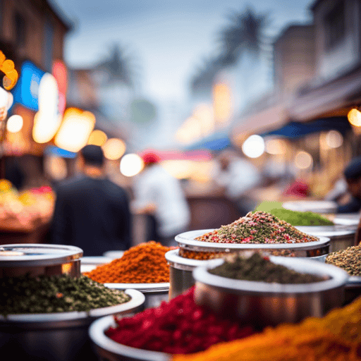 An image showcasing a bustling market scene, with vibrant stalls overflowing with aromatic herbs