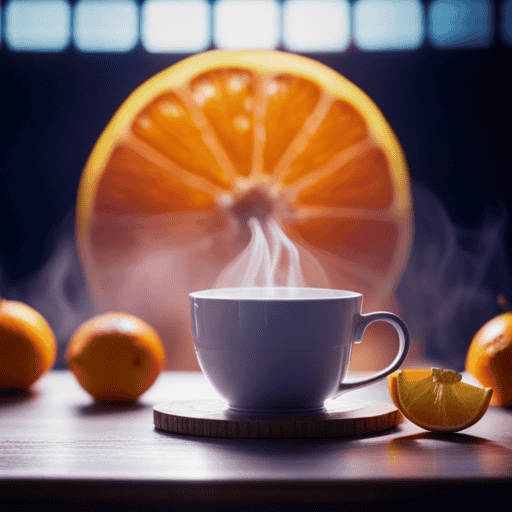 An image of a steaming cup filled with vibrant orange herbal tea, surrounded by sliced oranges and a pH scale backdrop