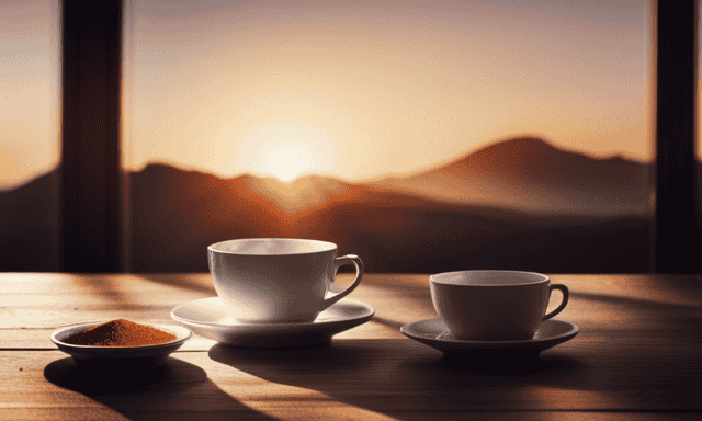 An image showcasing a serene wooden table adorned with three delicate teacups brimming with warm, vibrant rooibos tea