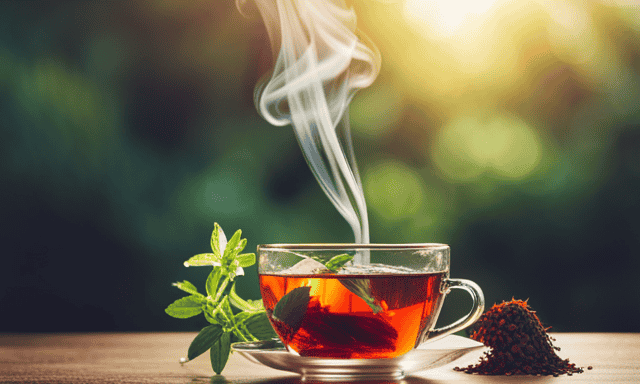An image showcasing a serene cup of vibrant red Rooibos tea, steam gently rising from the surface