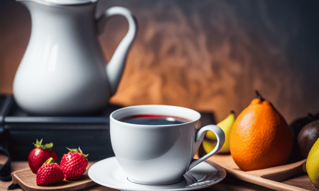 An image showcasing a serene morning scene in a cozy kitchen, with a steaming cup of oolong tea placed next to a plate of colorful fruits and a measuring tape, symbolizing the significance of oolong tea in the 21 Day Diet