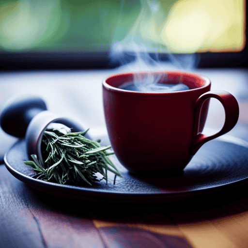 An image showcasing a steaming cup of fragrant herbal tea in a rustic, earth-toned ceramic mug