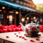 An image showcasing a traditional Chinese teapot pouring a vibrant oolong tea infused with delicate flower petals, all nestled amidst the bustling aisles of a local Chinese market