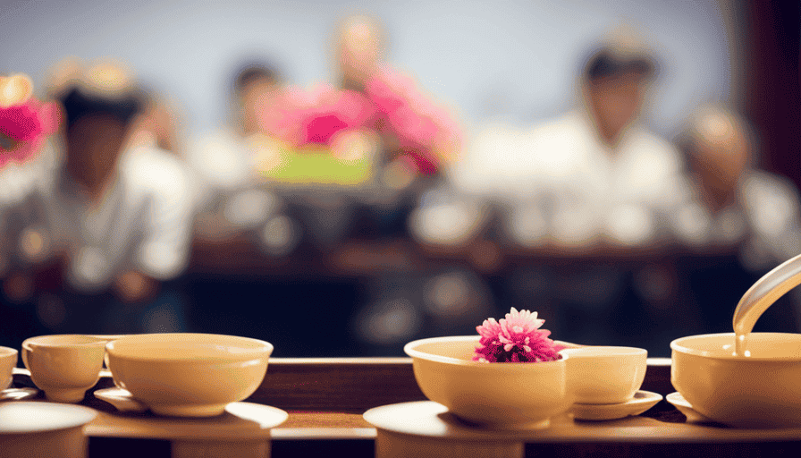 An image capturing the essence of a local Chinese market: a vibrant display of aromatic oolong tea leaves adorned with delicate, colorful flowers, enticingly arranged in traditional, handcrafted ceramic tea pots and cups