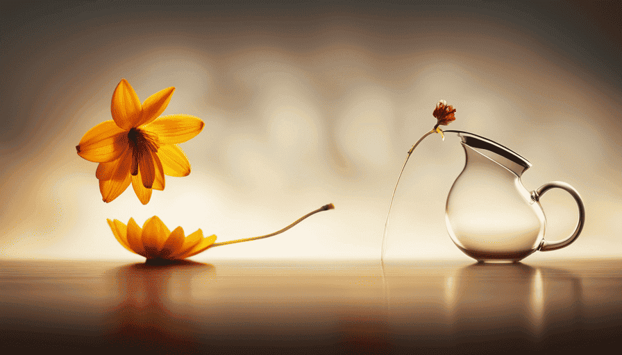 An image showcasing a serene, minimalist teapot pouring a steaming, amber-colored infusion from a single, delicate flower blossom