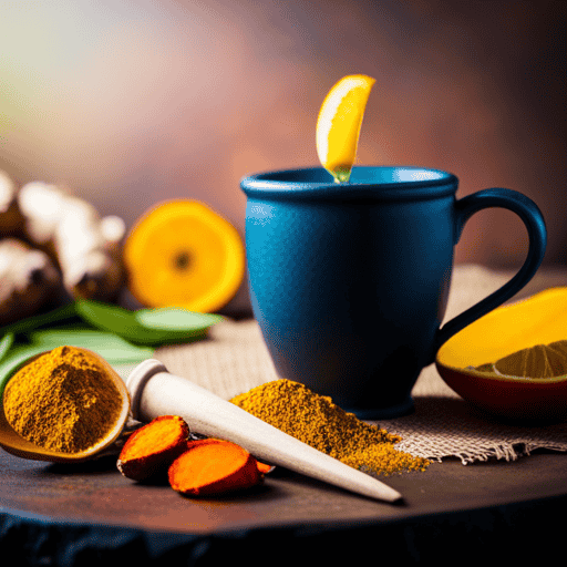 An image showcasing a warm cup of golden turmeric detoxify tea, surrounded by vibrant ingredients like fresh ginger, lemon slices, and a sprinkle of black pepper, evoking a healthy and invigorating ambiance